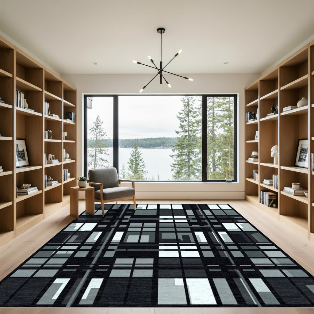 Modern Industrial Grid Monochromatic Block Art Rug