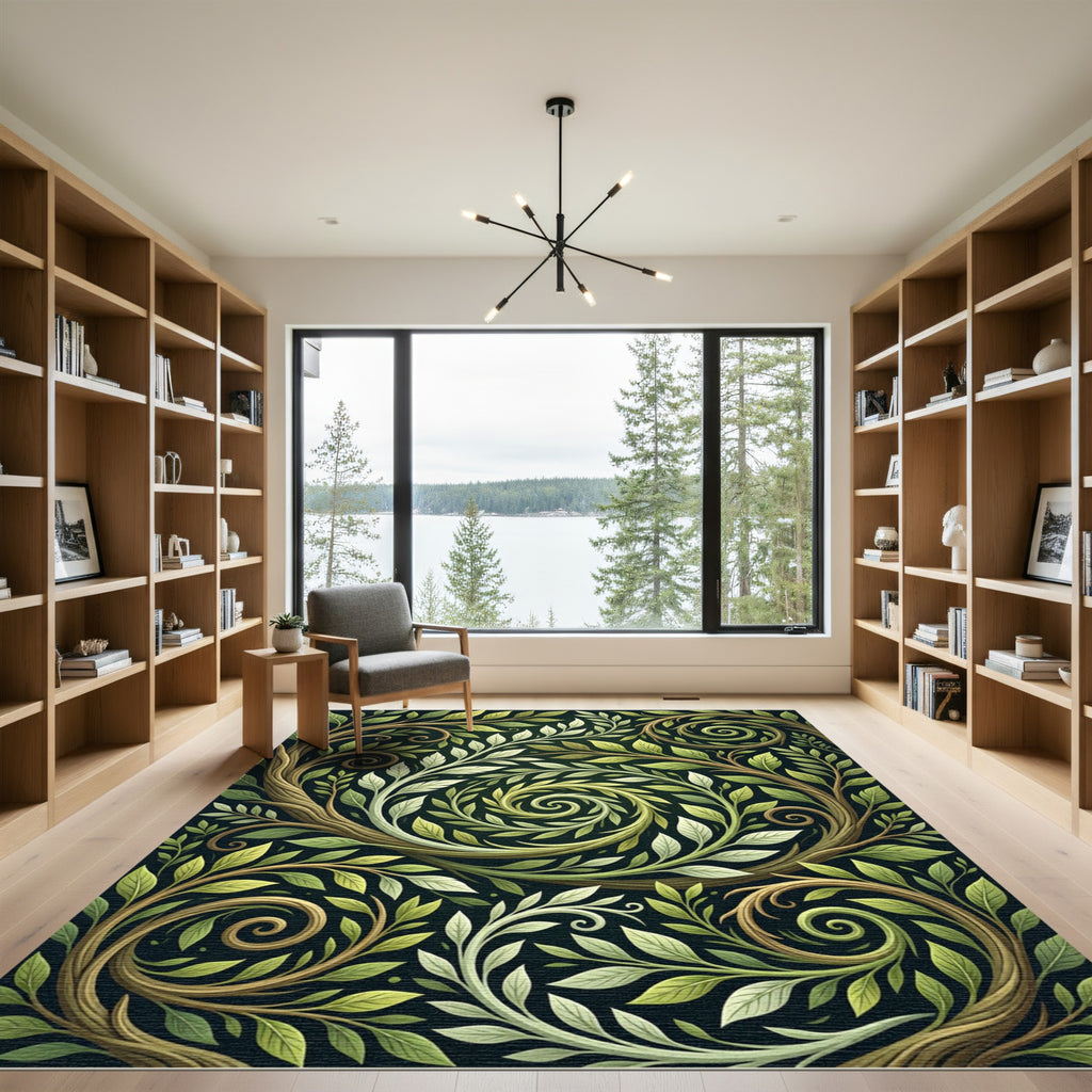 Swirling Lush Green Leaf Botanical Art Rug