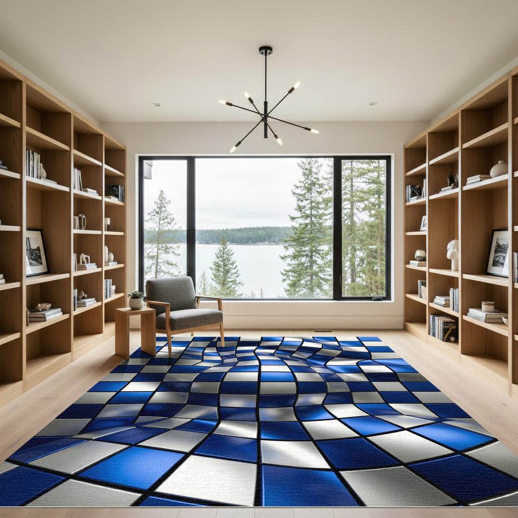 3D Cobalt Blue Silver Geometric Warp Rug