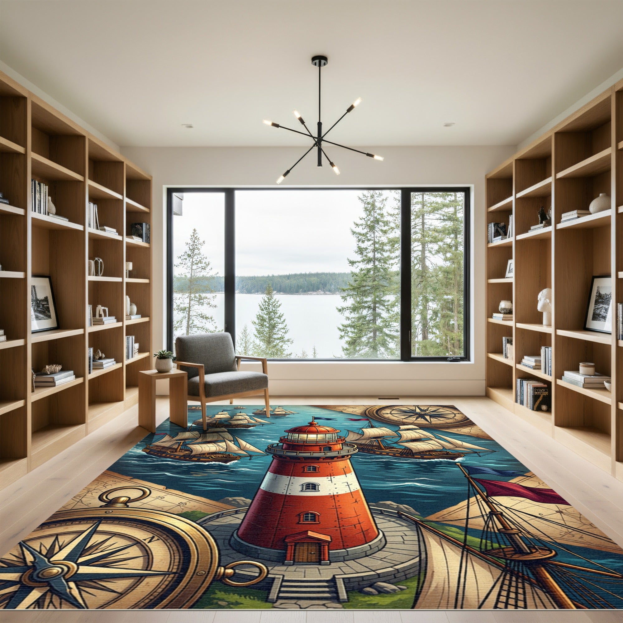 Nautical Lighthouse Compass Maritime Map Rug