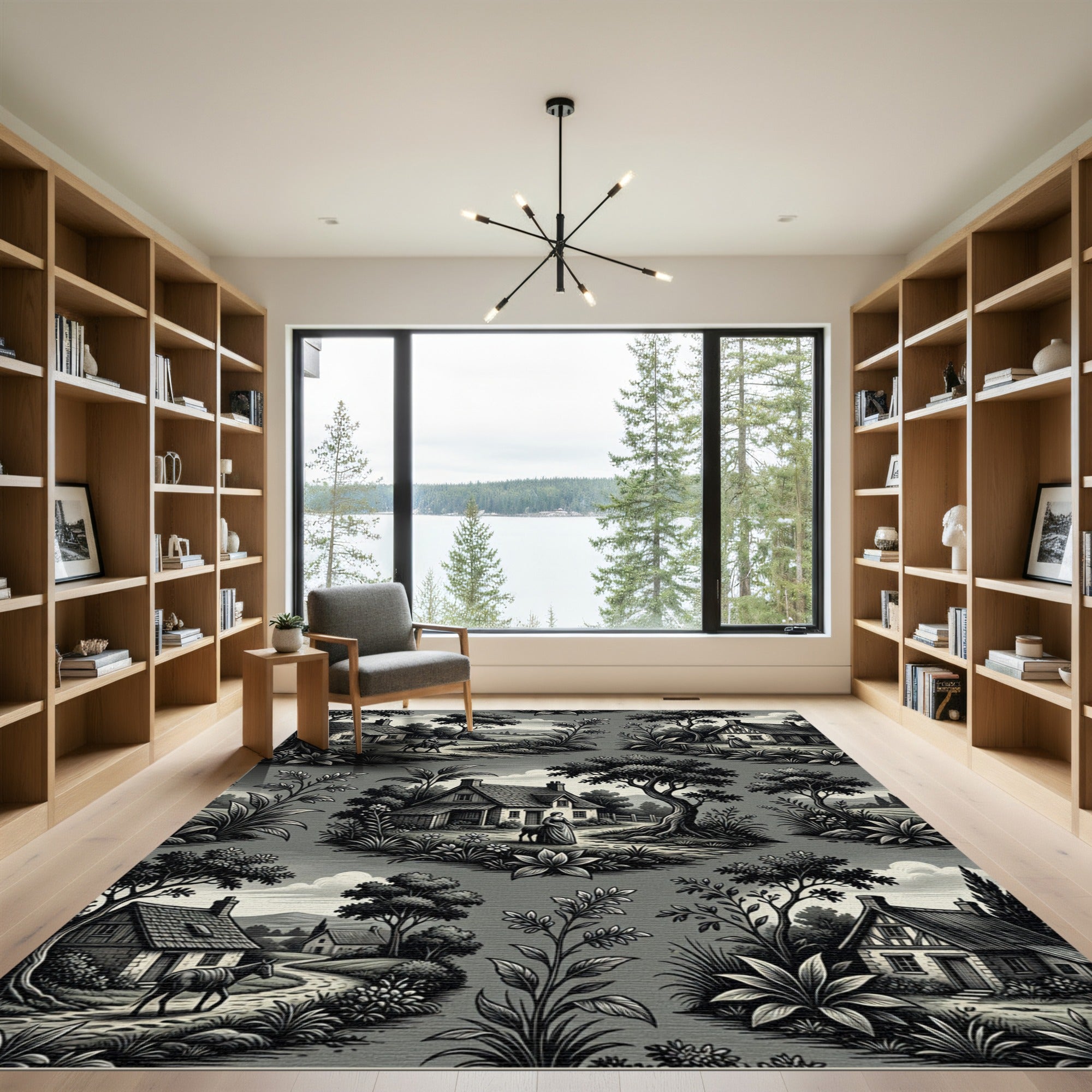 Monochrome Pastoral Toile Countryside Landscape Rug