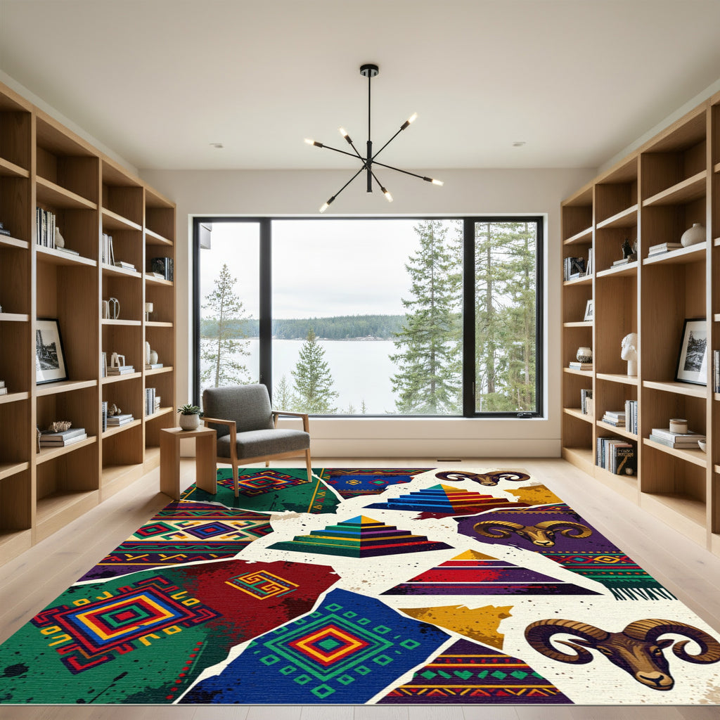 Vibrant Tribal Ram Pyramid Collage Rug