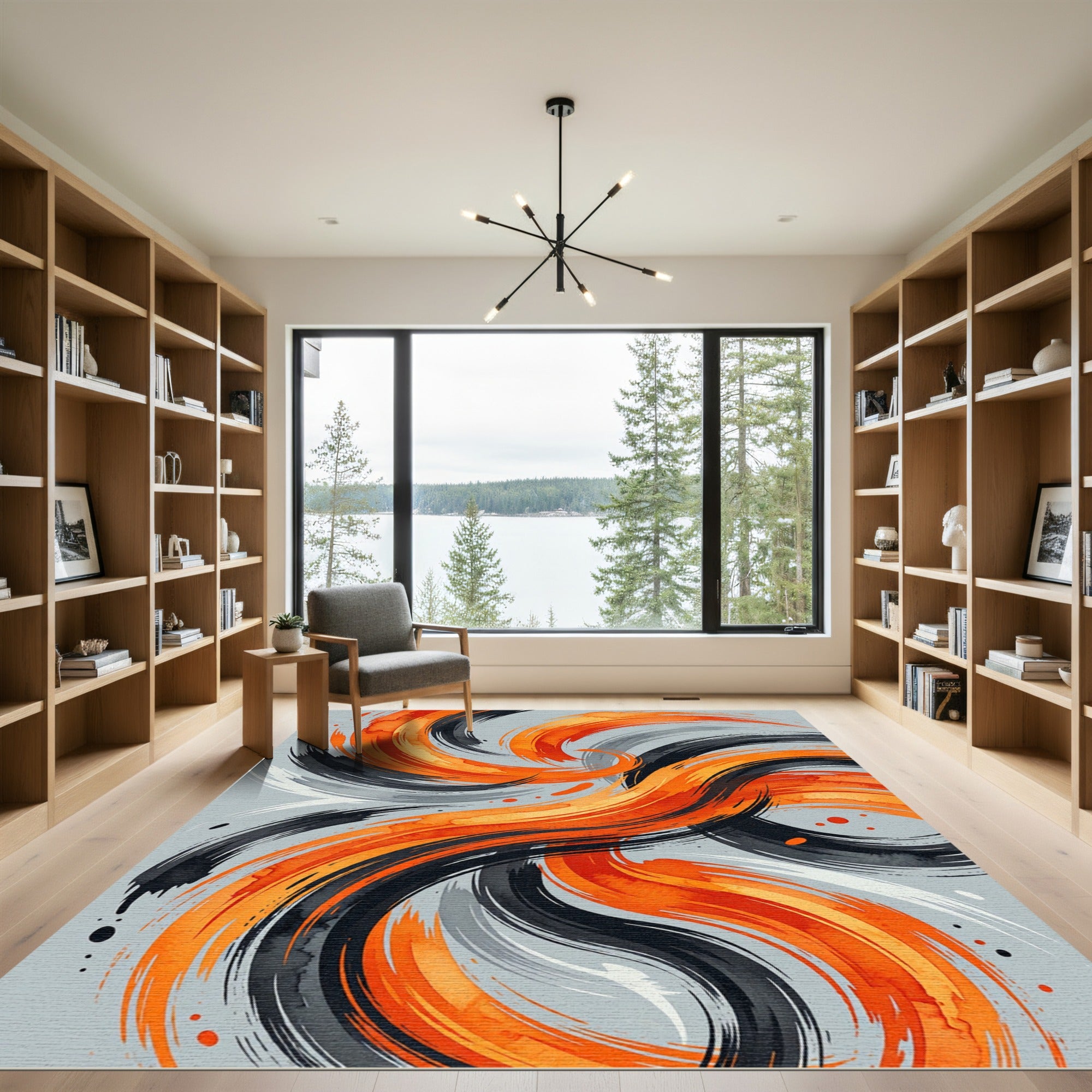 Abstract Orange and Black Swirl Rug