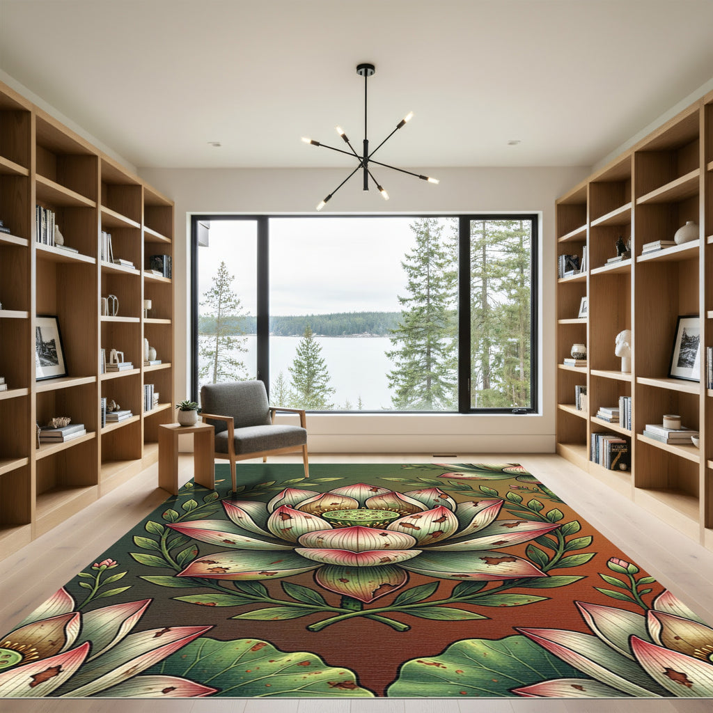 Distressed Pink Lotus Botanical Illustration Rug
