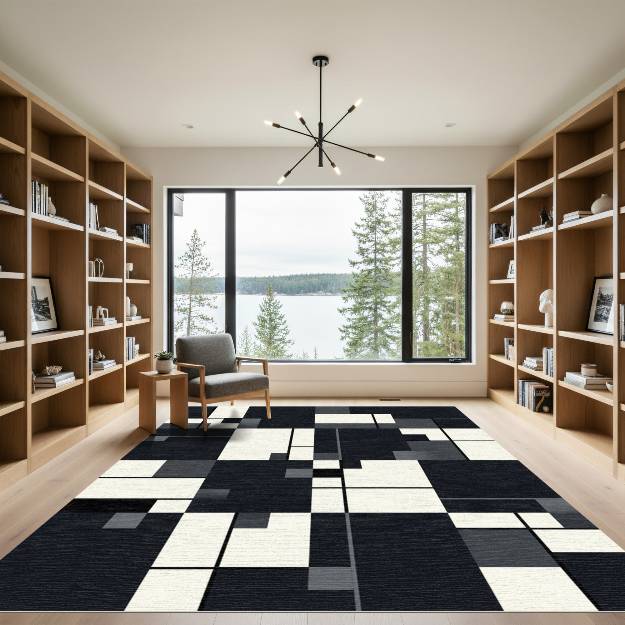 Modern Minimalist Monochrome Geometric Grid Rug