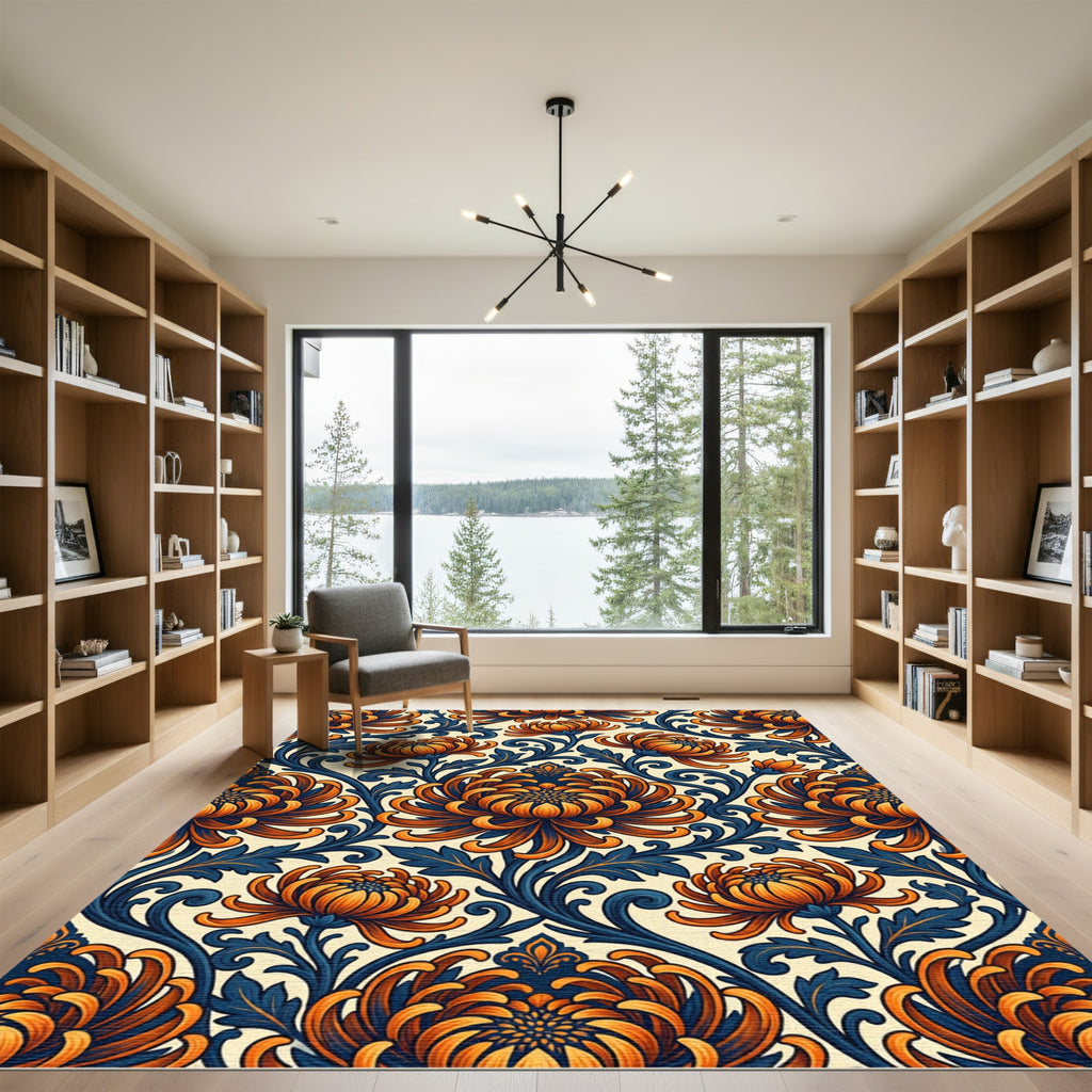 Orange Chrysanthemum Indigo Scroll Rug