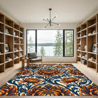 Orange Chrysanthemum Indigo Scroll Rug