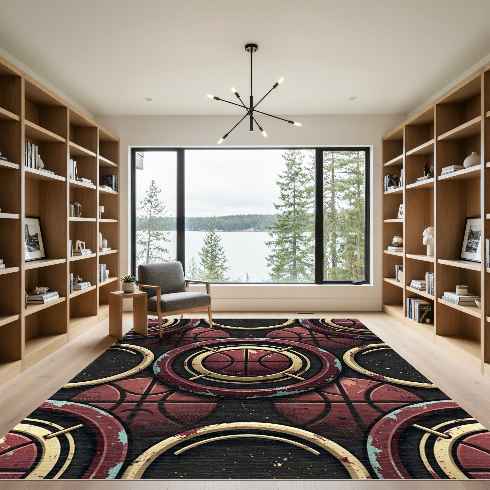 Distressed Maroon Basketball Target Geometric Art Rug