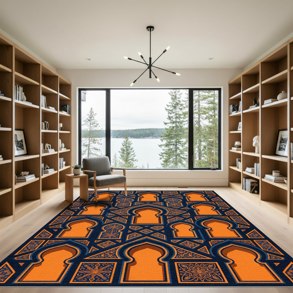 Geometric Orange and Navy Arched Tile Rug