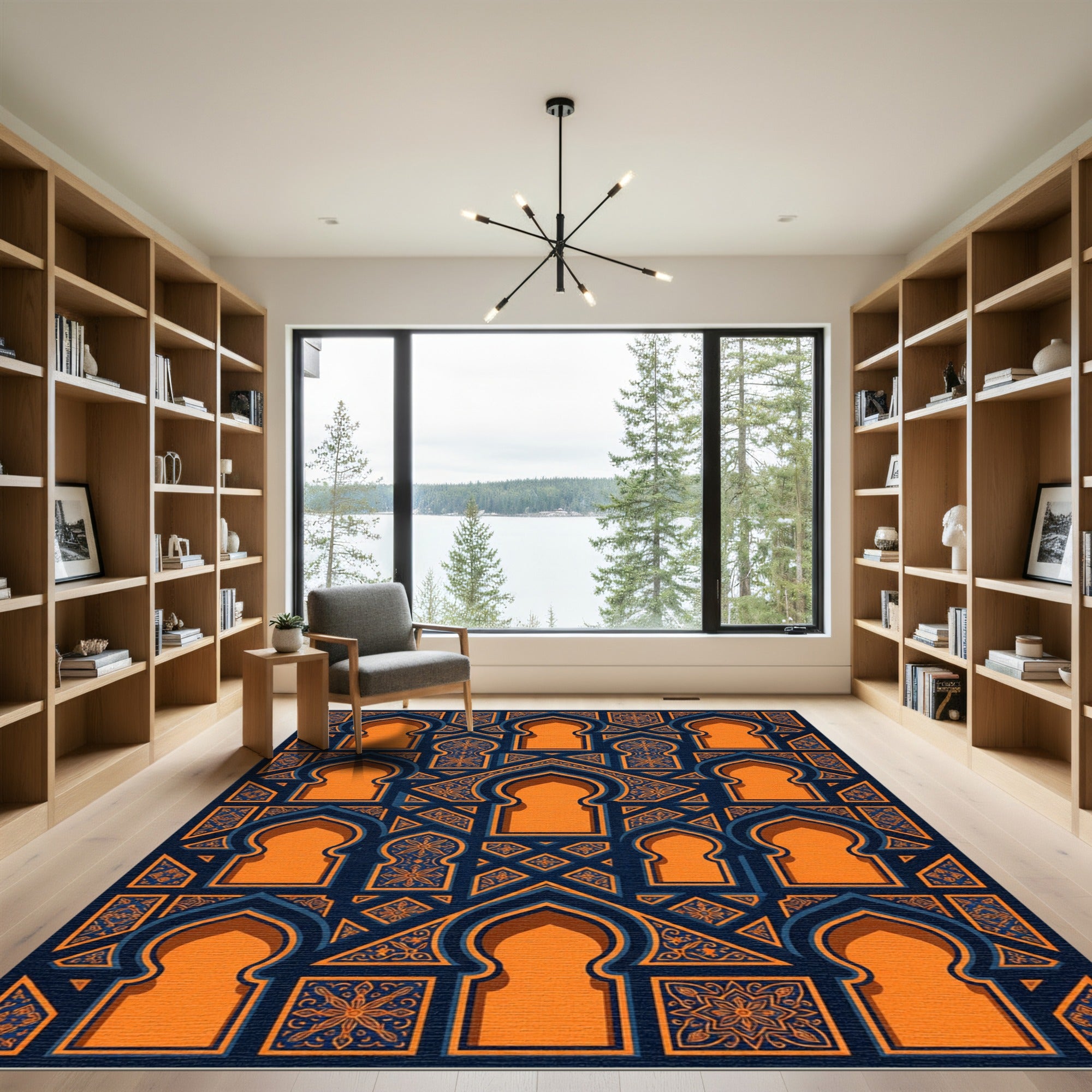 Geometric Orange and Navy Arched Tile Rug