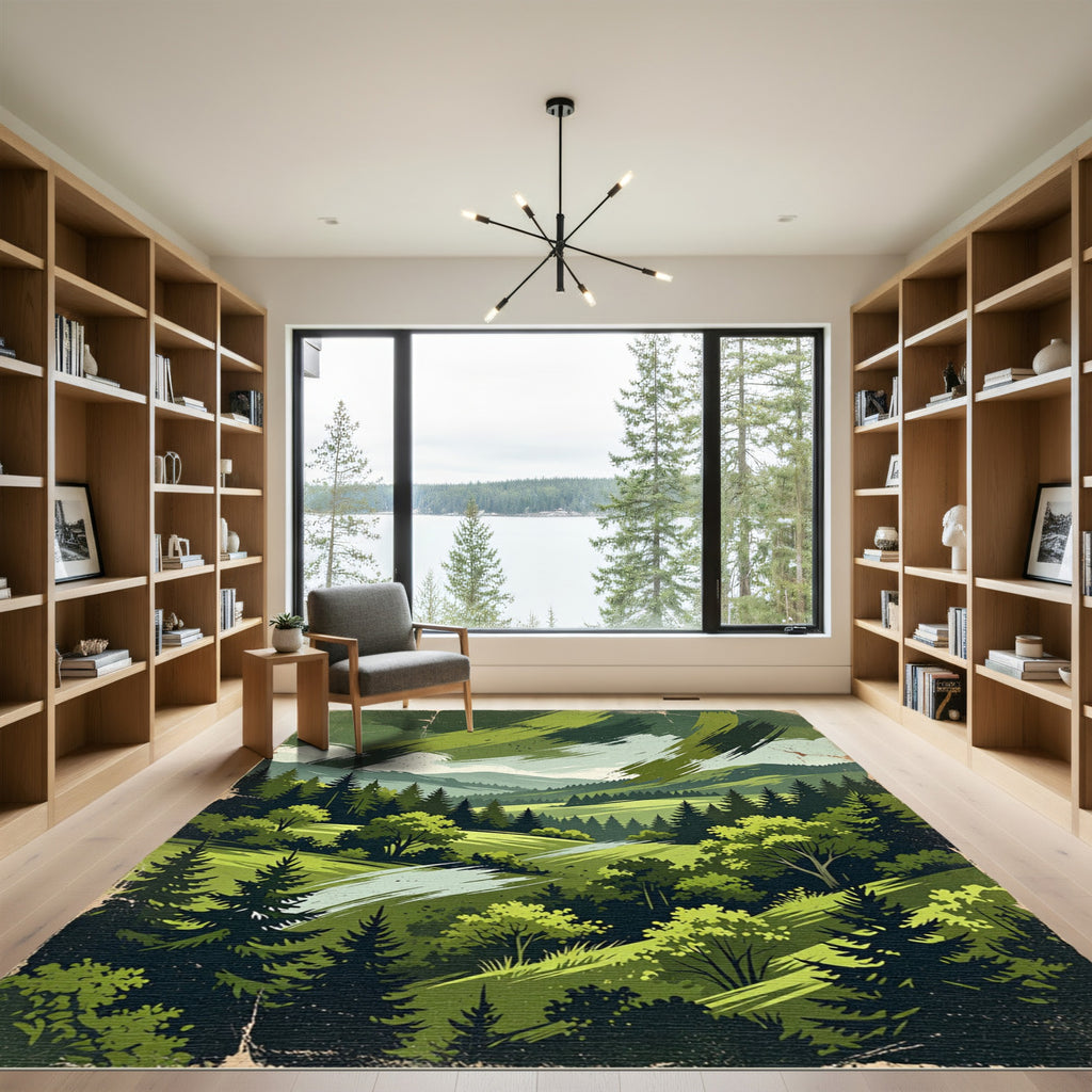 Emerald Mountain Forest Landscape Scene Rug