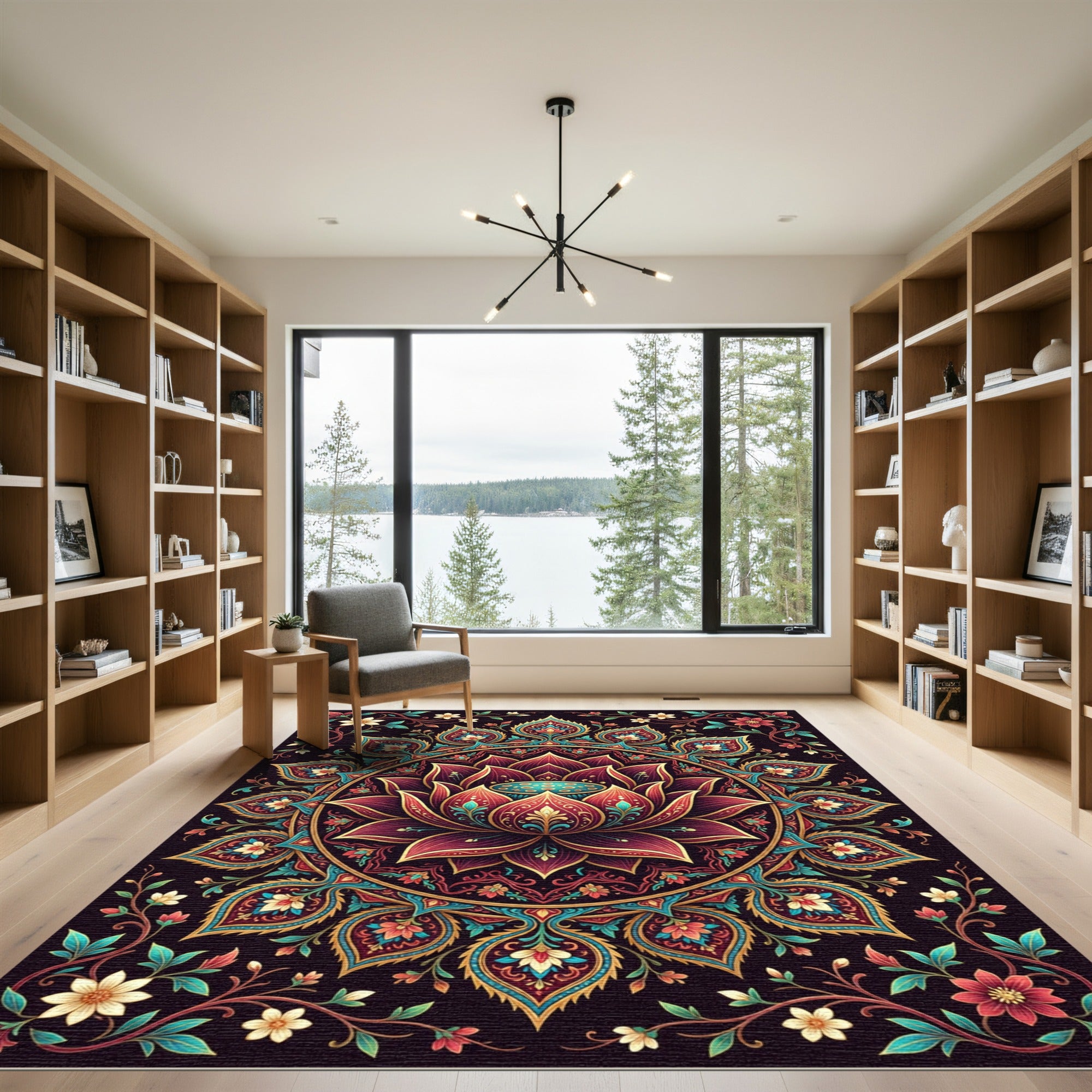 Ornate Burgundy Lotus Floral Mandala Rug