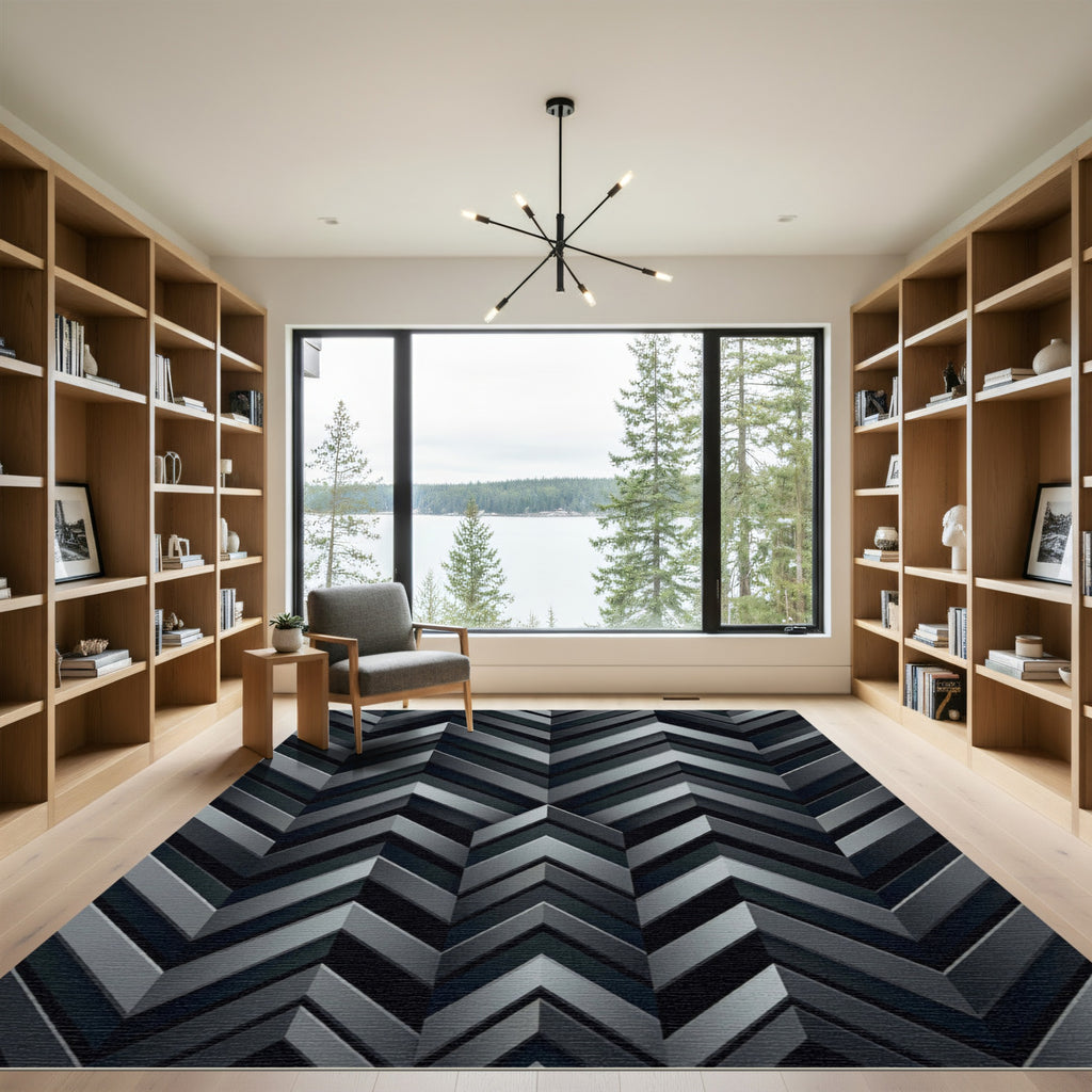 Modern Charcoal Geometric Chevron Art Rug