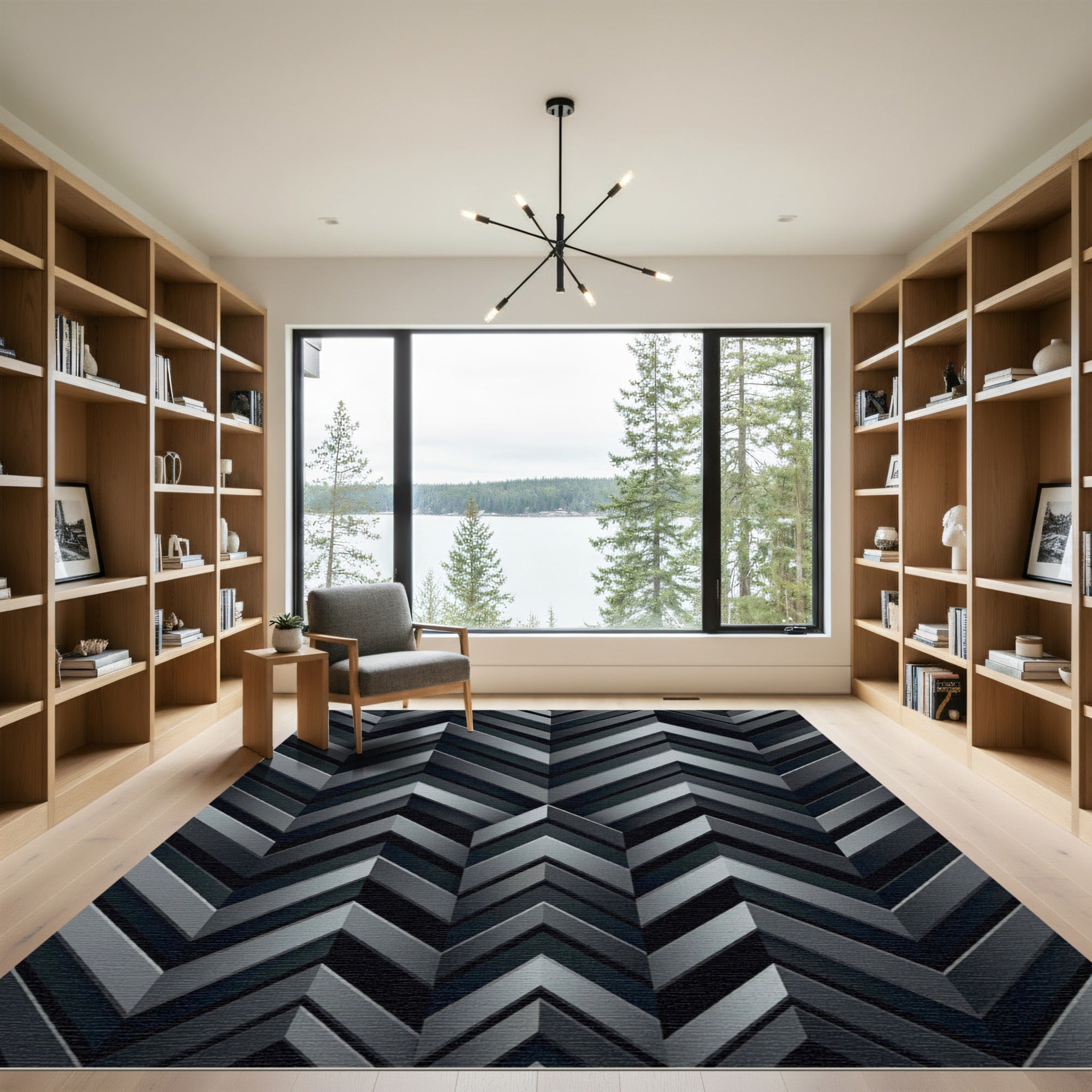Modern Charcoal Geometric Chevron Art Rug