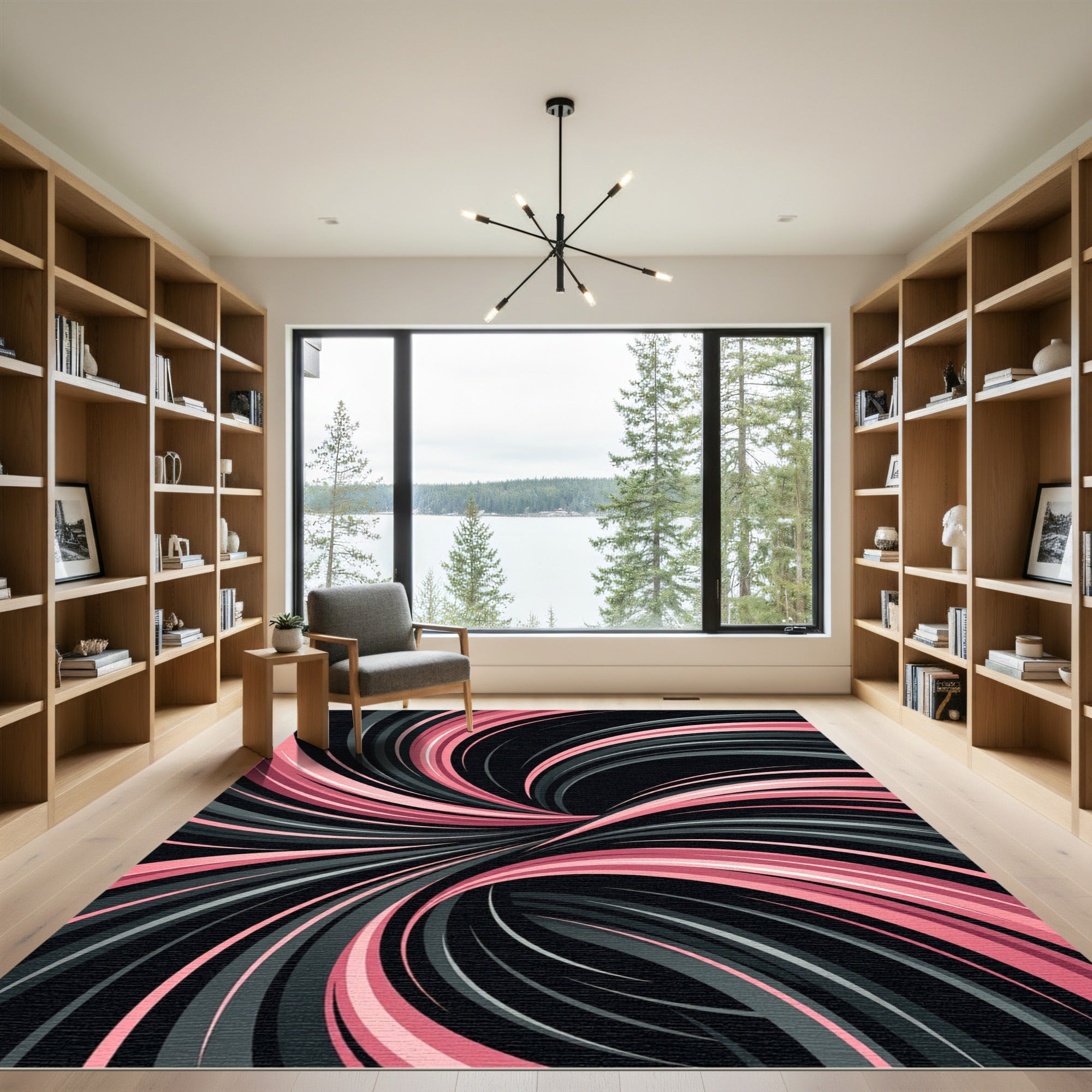 Modern Pink and Gray Swirling Abstract Rug
