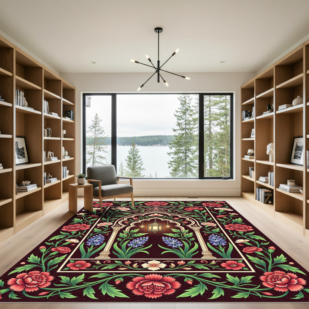 Ornate Lantern Floral Arch Crimson Rug