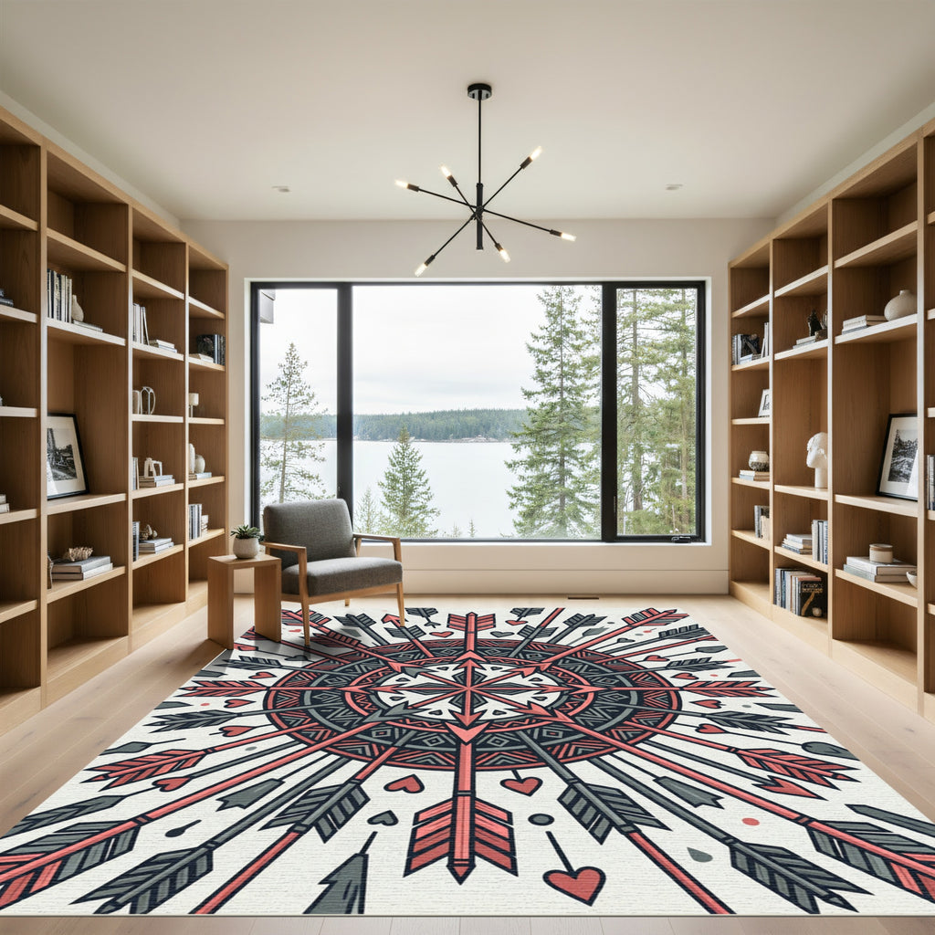 Geometric Arrow Medallion in Coral Gray Rug