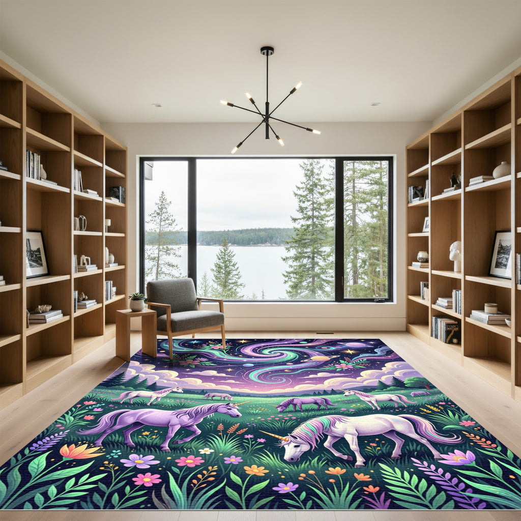 Whimsical Cosmic Unicorn Meadow Galaxy Rug