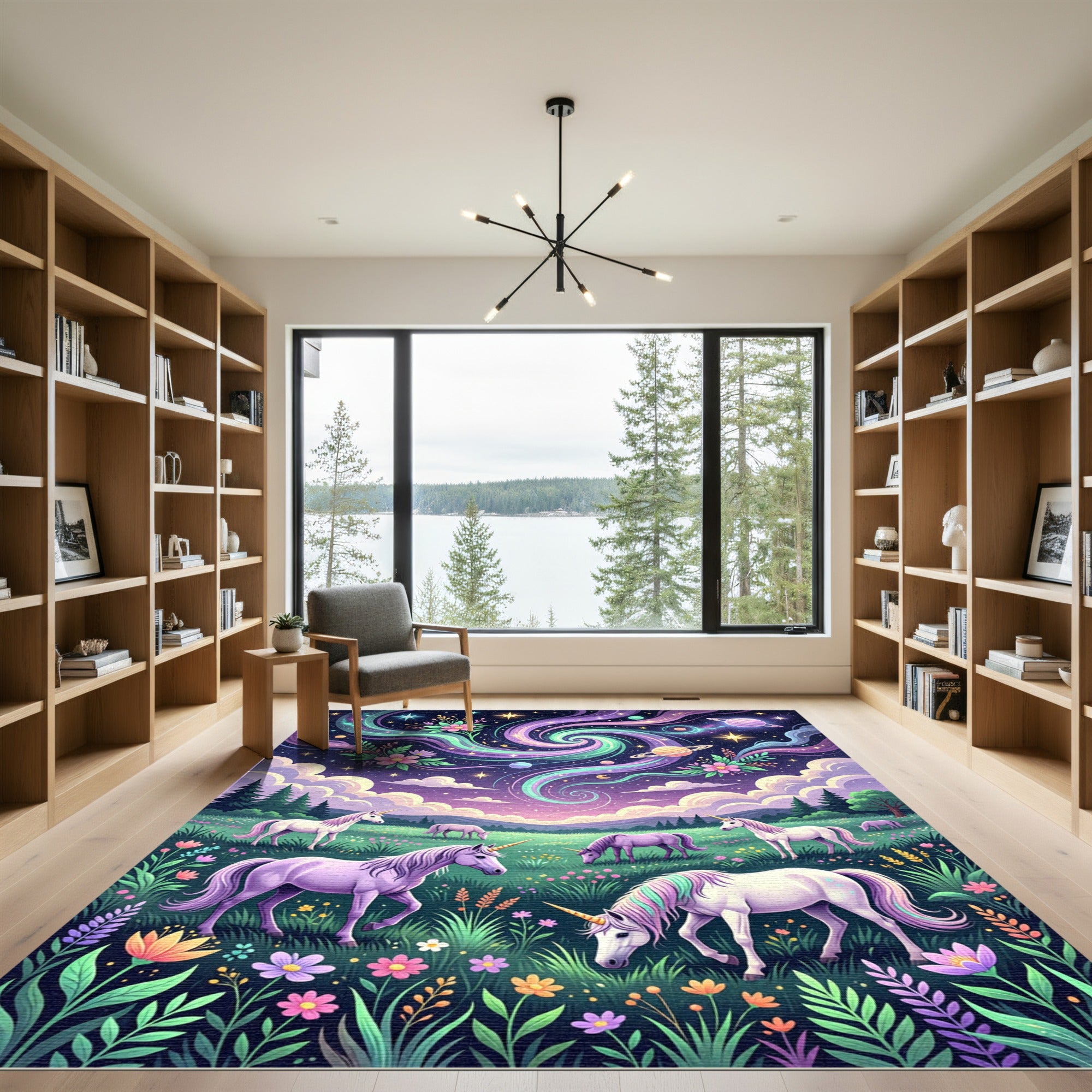 Whimsical Cosmic Unicorn Meadow Galaxy Rug