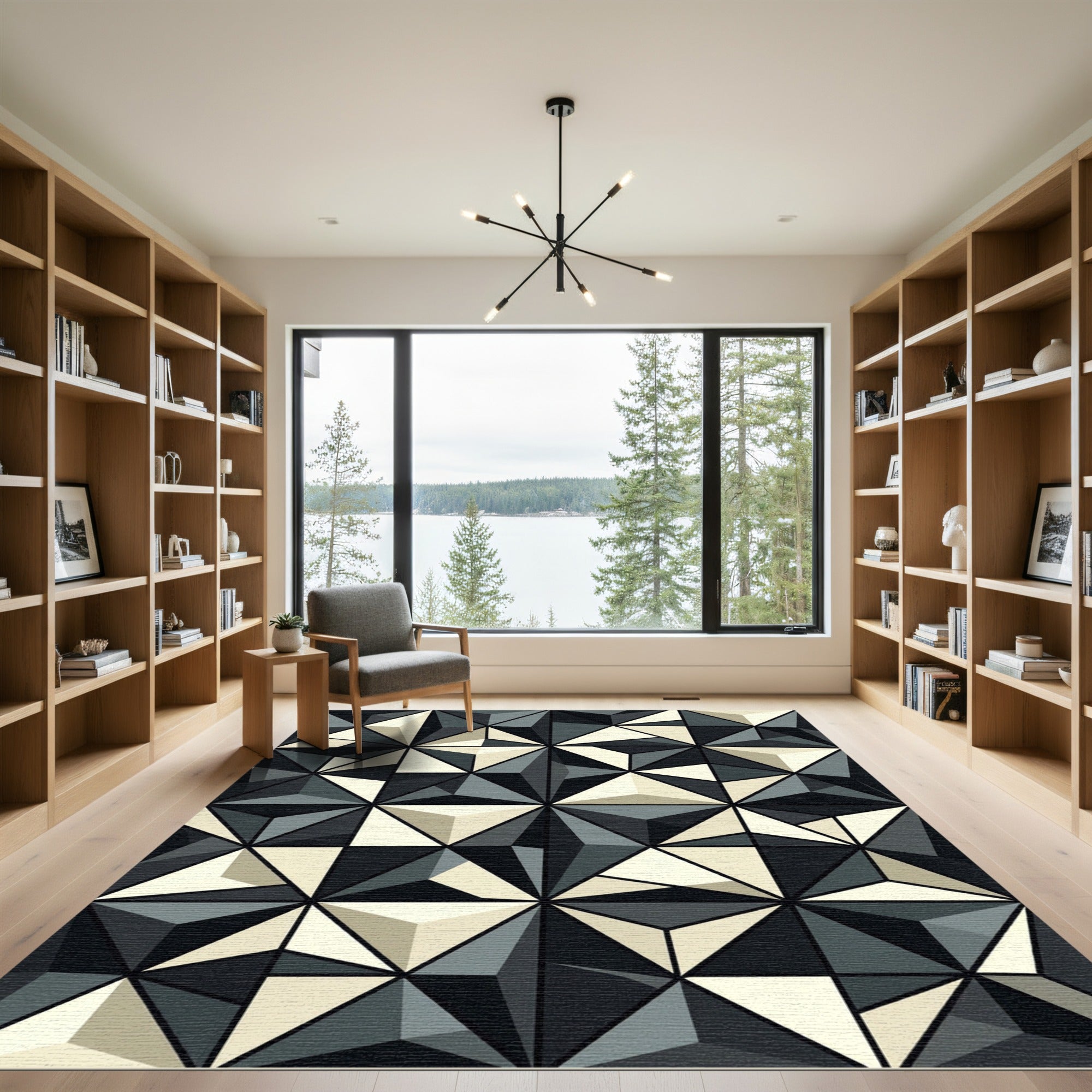 Gray Cream Geometric Faceted Crystal Rug
