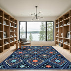 Navy Blue Coral Floral Lattice Rug