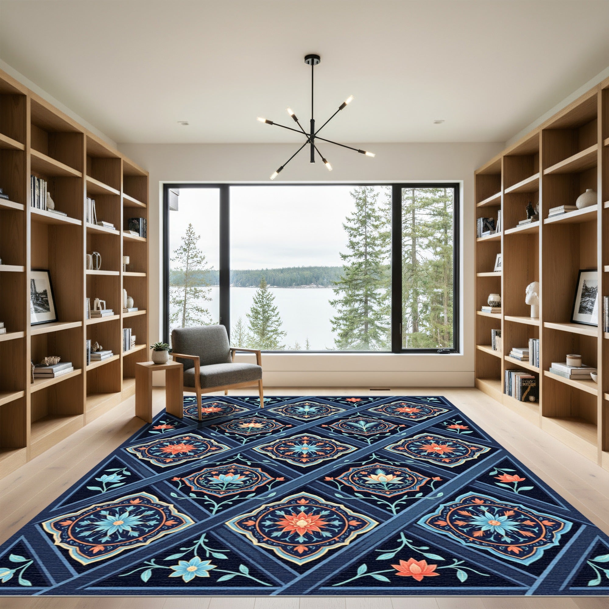 Navy Blue Coral Floral Lattice Rug