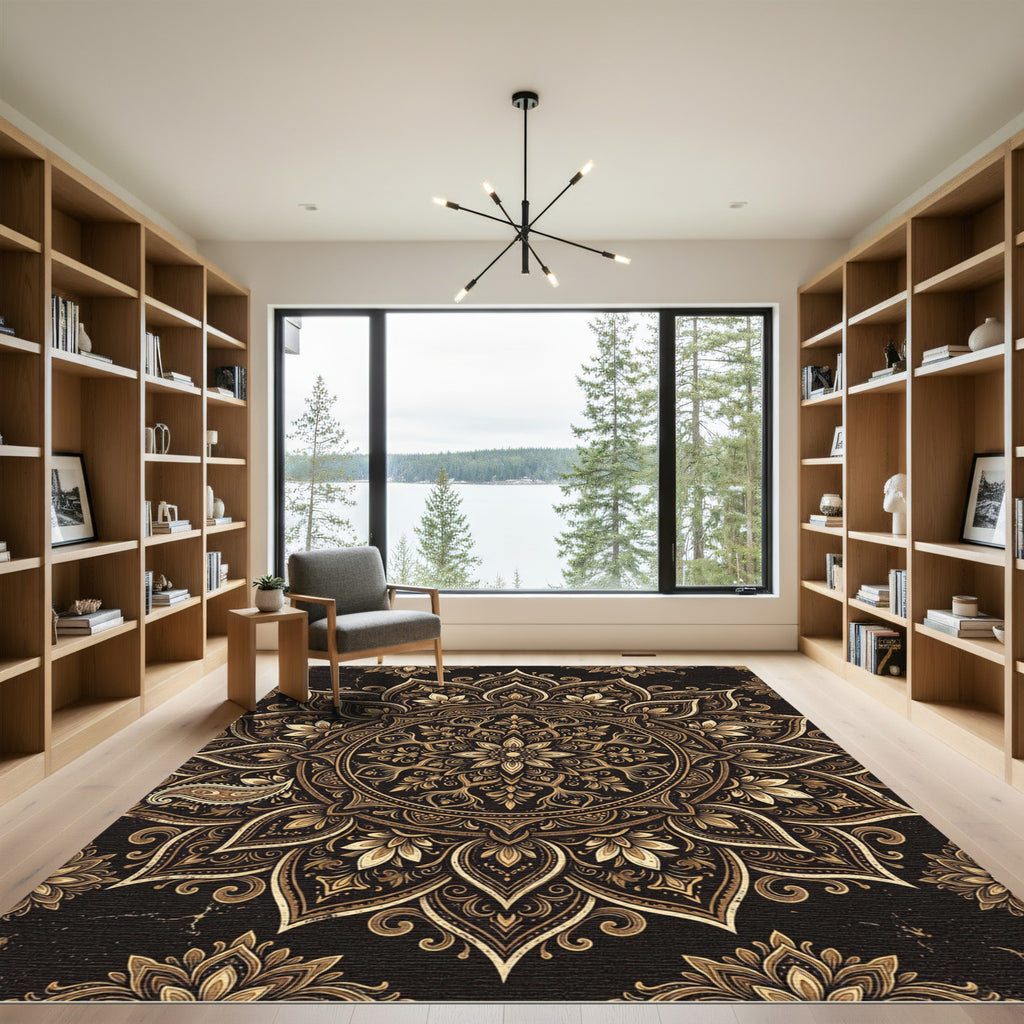 Intricate Golden Mandala Floral Medallion Rug