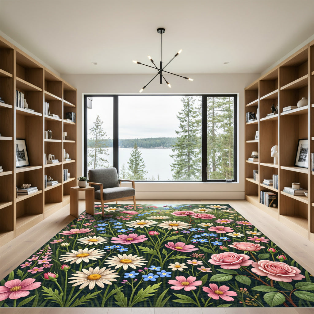 Botanical Pink Daisy Meadow Field Rug