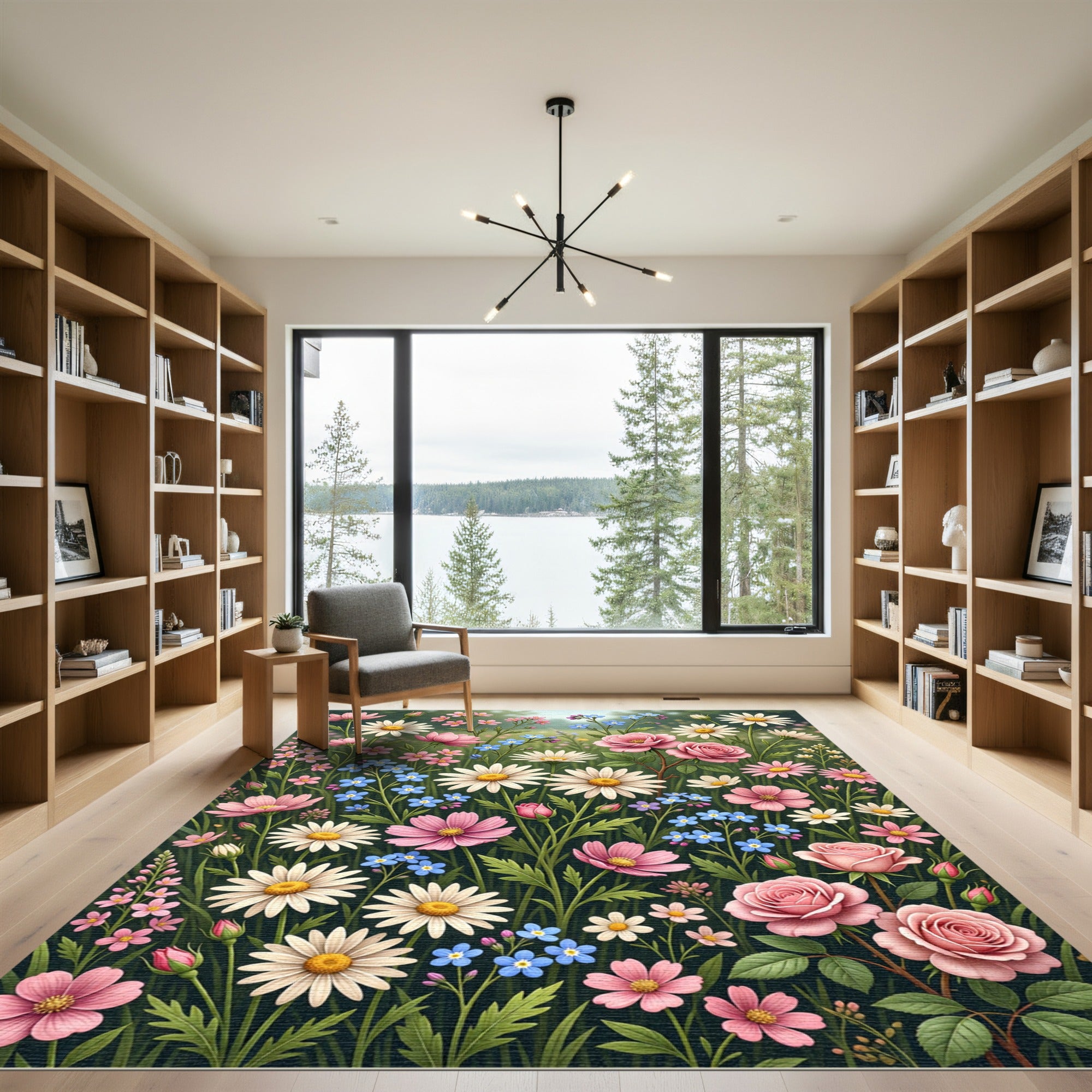 Botanical Pink Daisy Meadow Field Rug