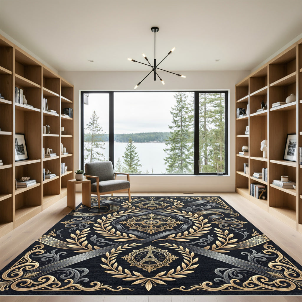 Elegant Gold Eiffel Tower Laurel Wreath Rug