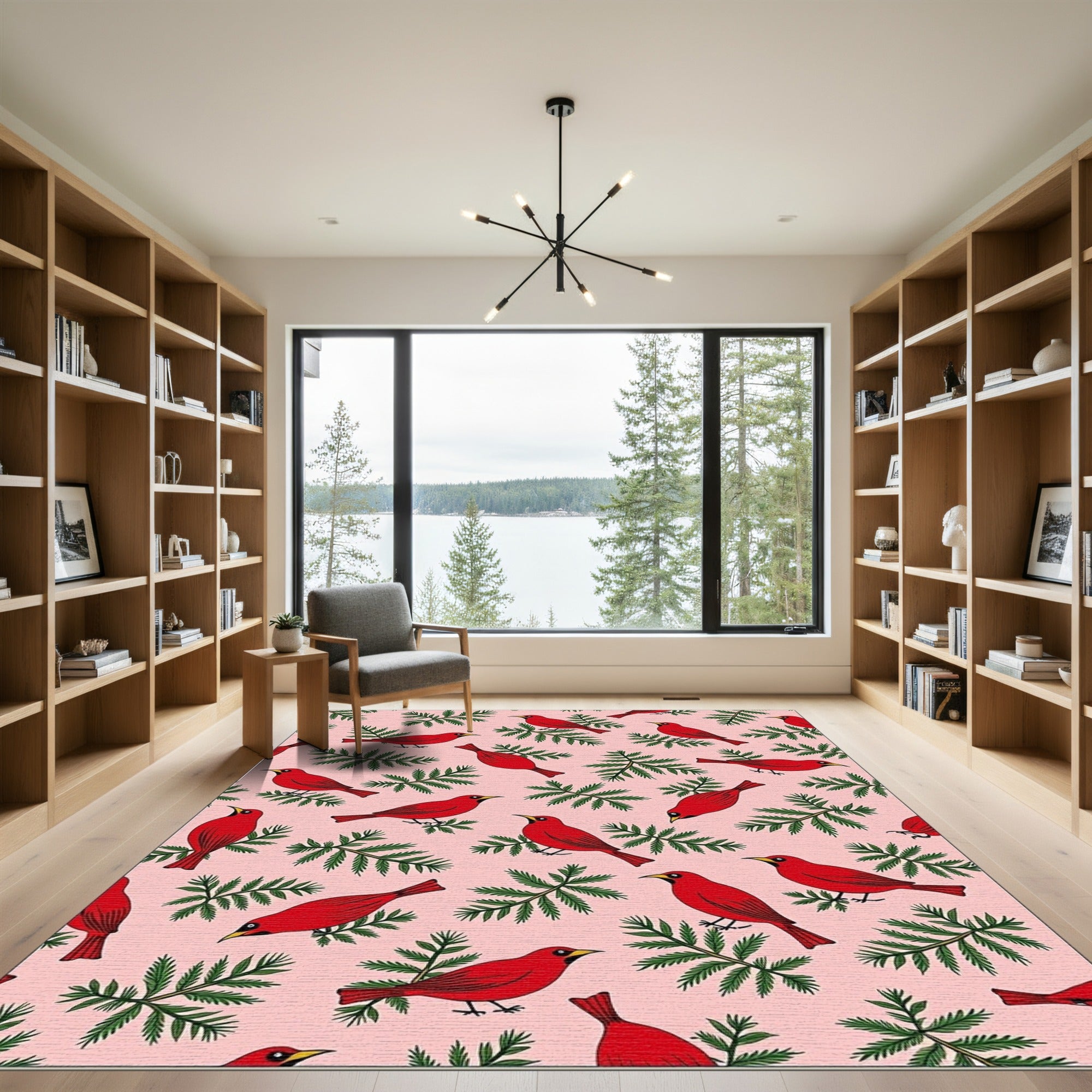 Red Cardinal Evergreen Bough Pattern Rug