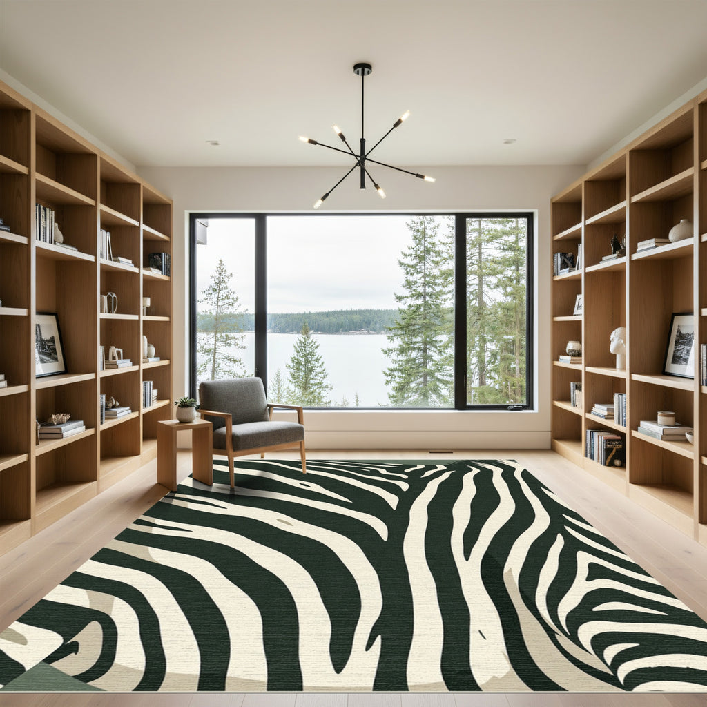 Dark Green Cream Zebra Stripes Rug