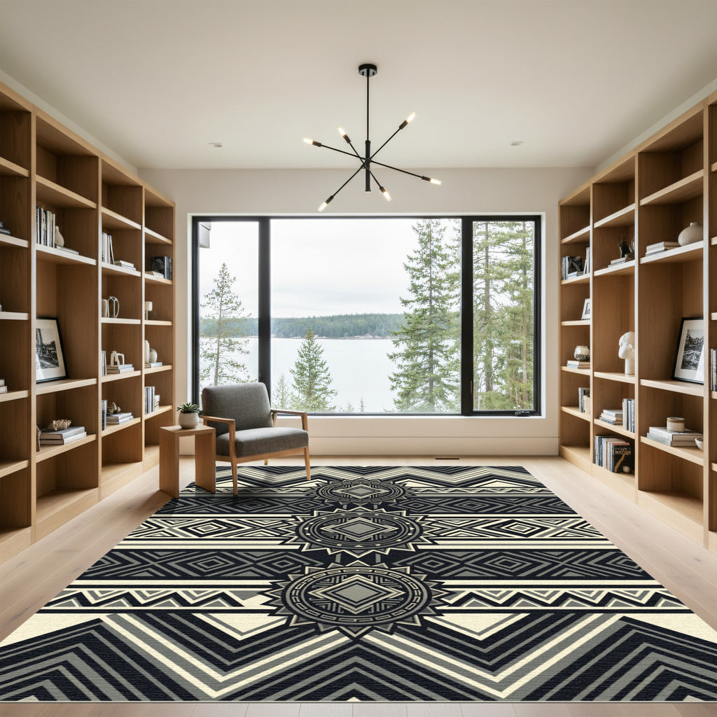 Modern Monochrome Geometric Aztec Medallion Rug