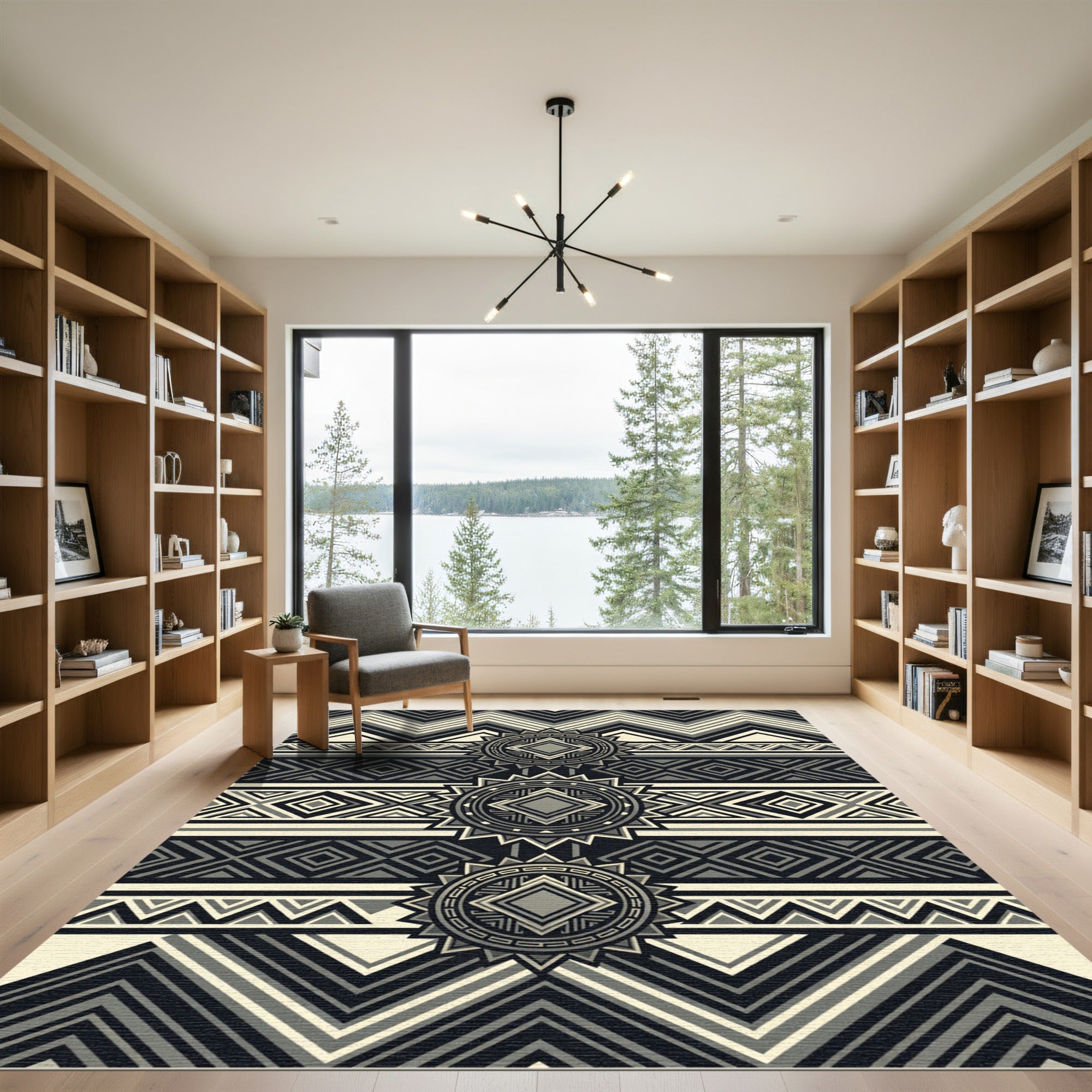 Modern Monochrome Geometric Aztec Medallion Rug