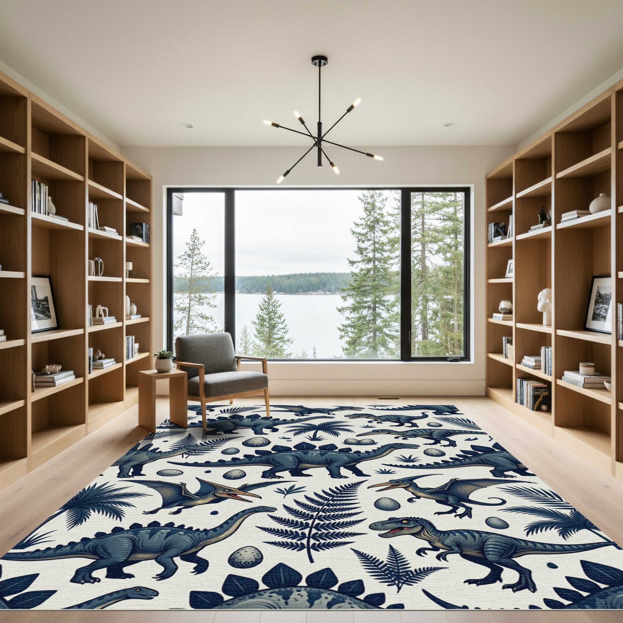 Nordic Slate Blue Dinosaur Forest Rug