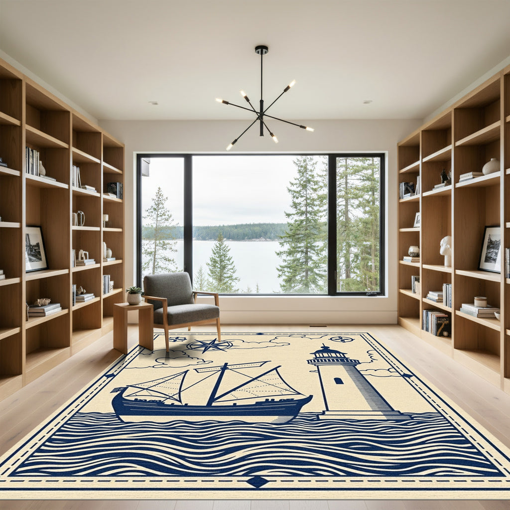 Nautical Ship Lighthouse Blue Wave Rug