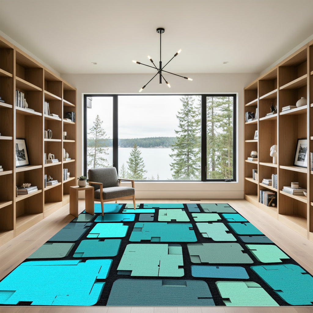 Teal Geometric Abstract Block Mosaic Rug