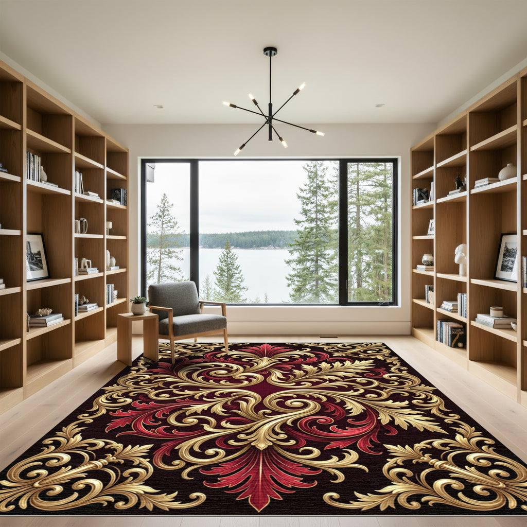 Ornate Red Golden Floral Scrollwork Rug