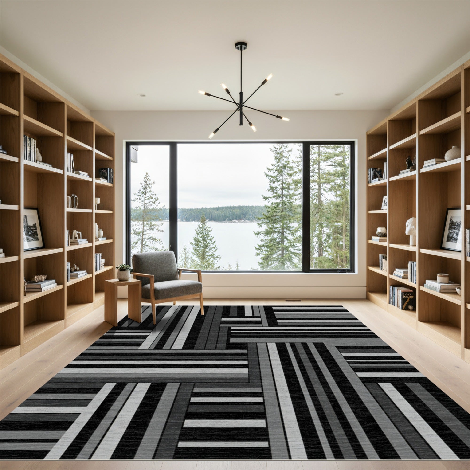 Modern Monochromatic Linear Geometric Grid Rug