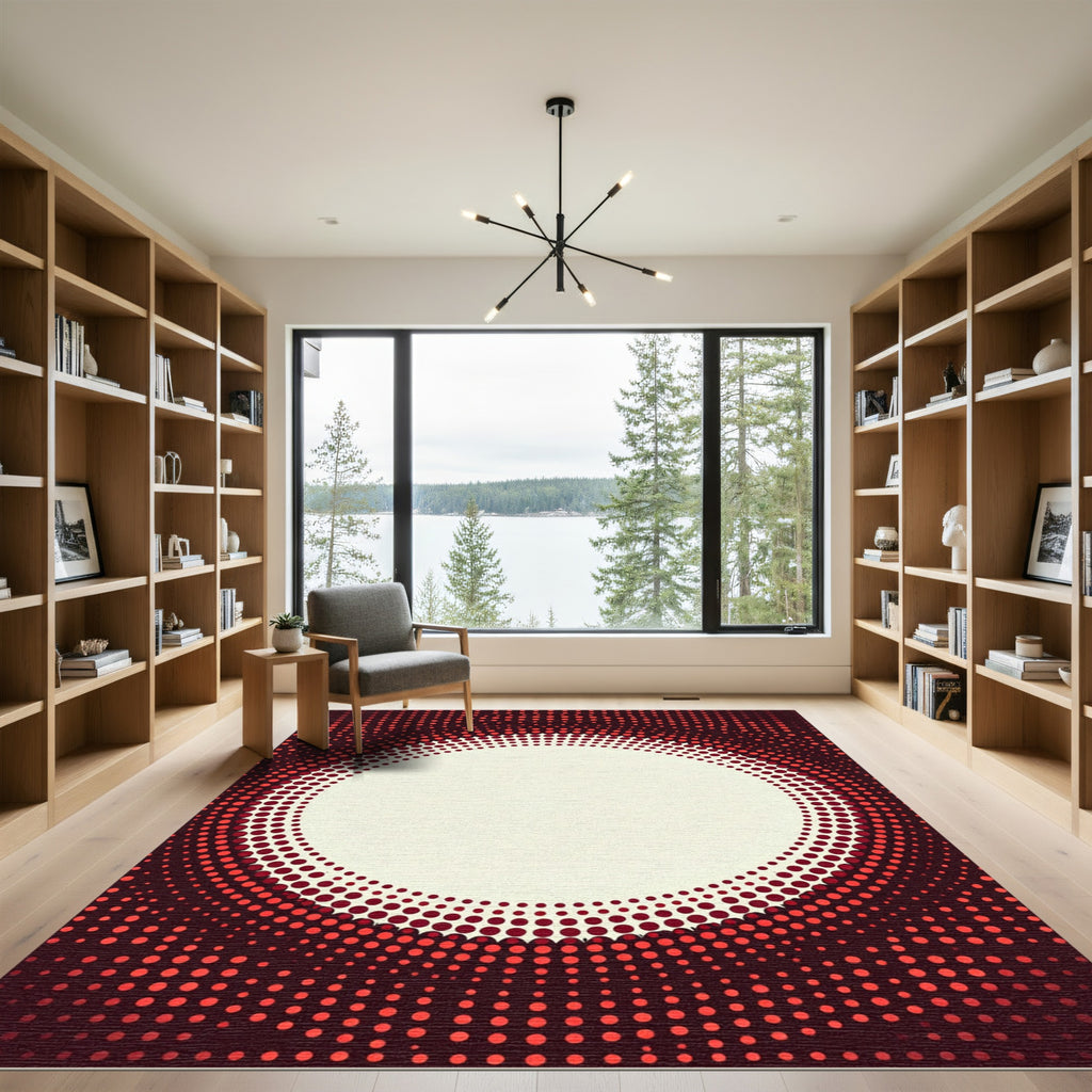 Crimson Radial Halftone Circular Aura Rug
