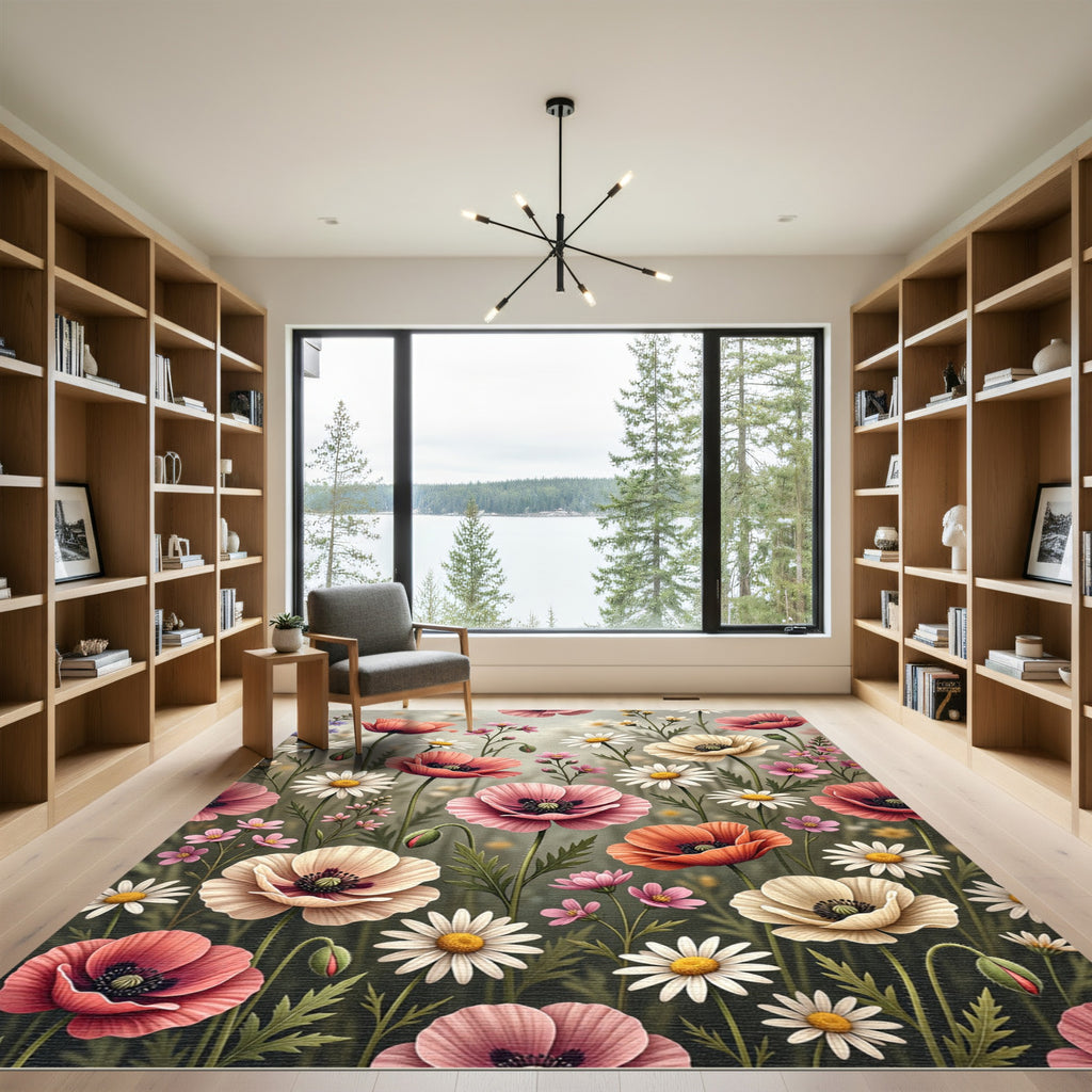 Coral Orange Pink Poppy Garden Rug