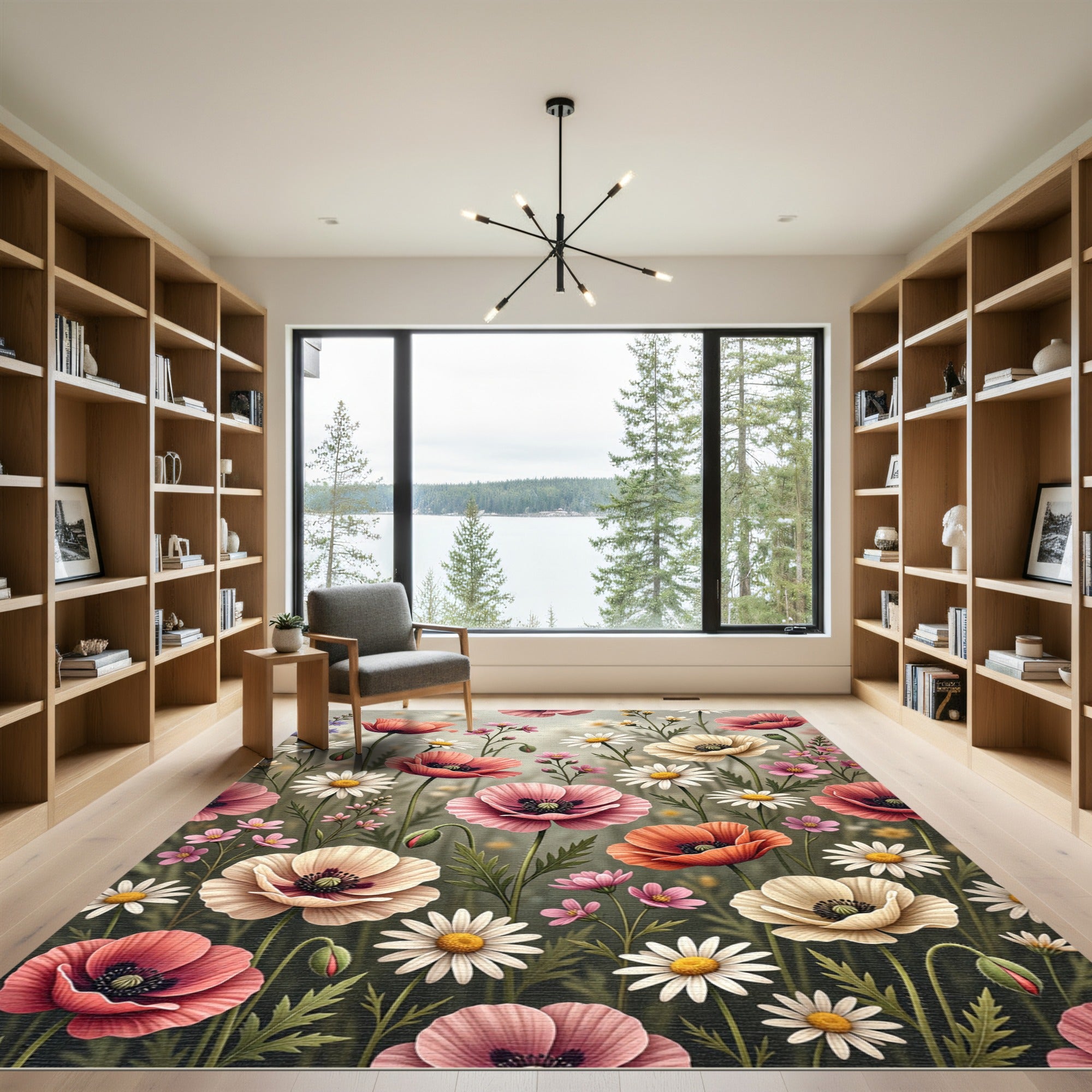 Coral Orange Pink Poppy Garden Rug