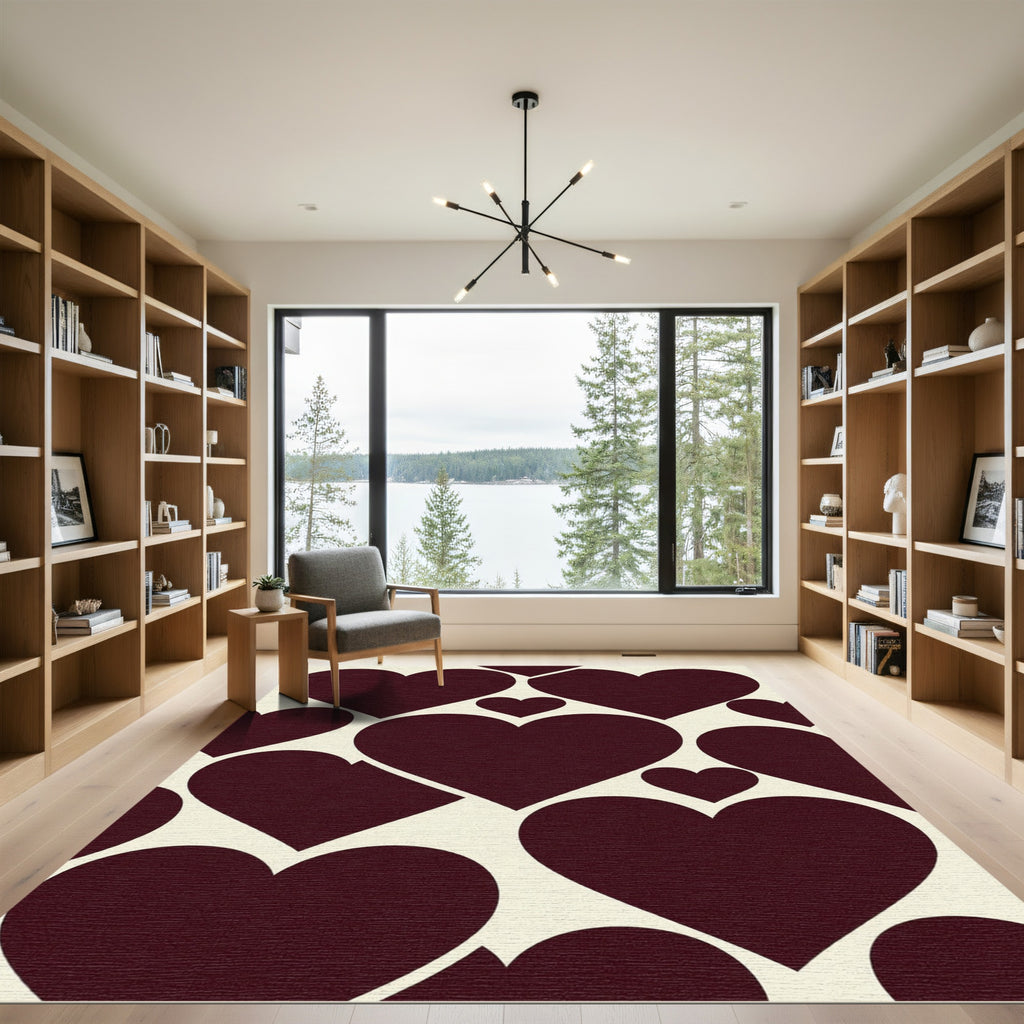 Modern Deep Burgundy Geometric Heart Rug