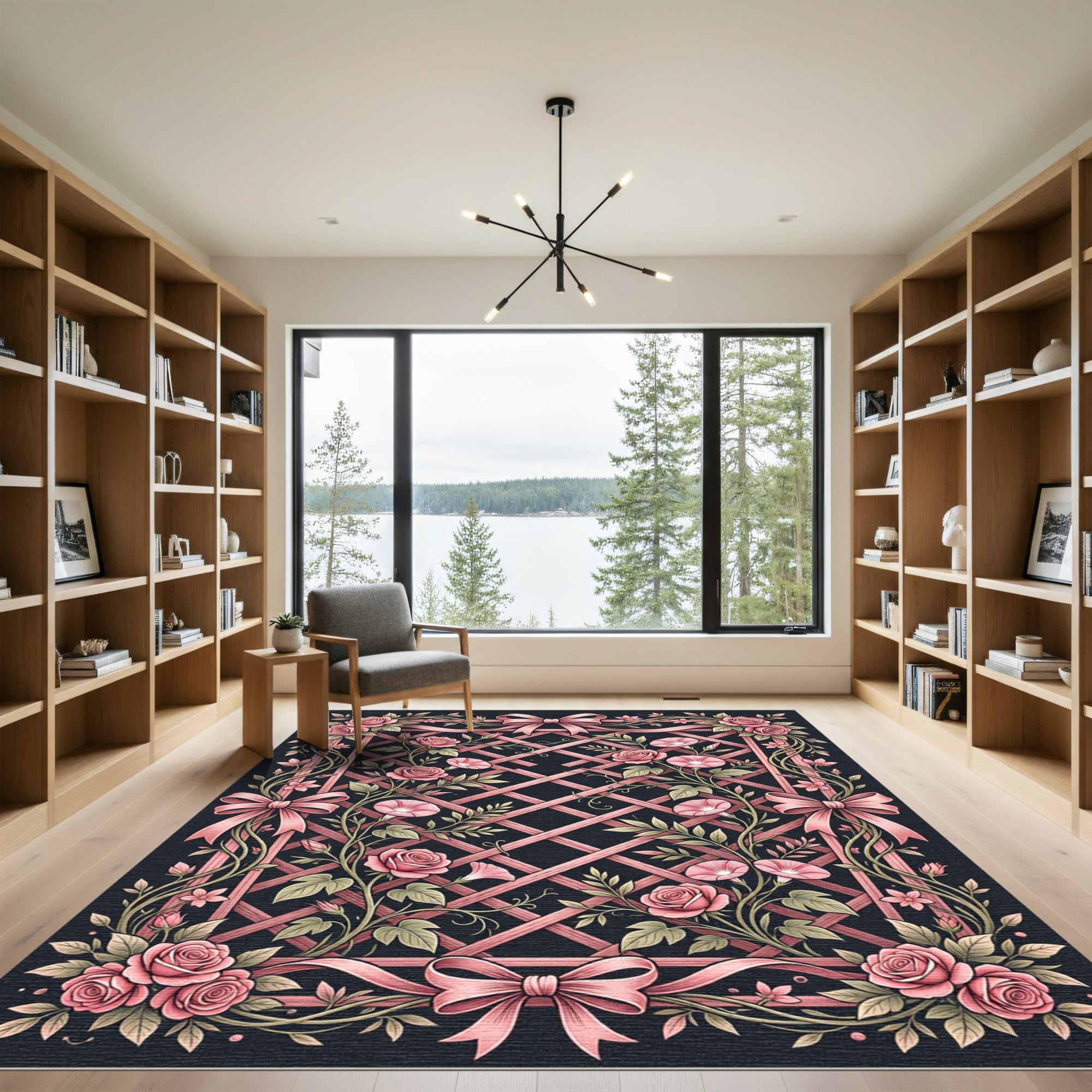 Pink Roses Lattice Bow Arrangement Rug