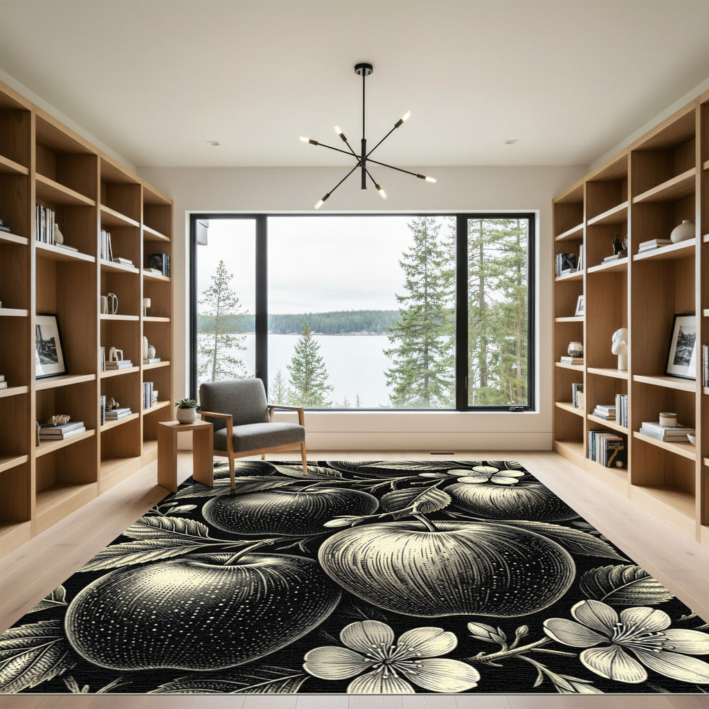 Monochrome Apple Orchard Botanical Illustration Rug