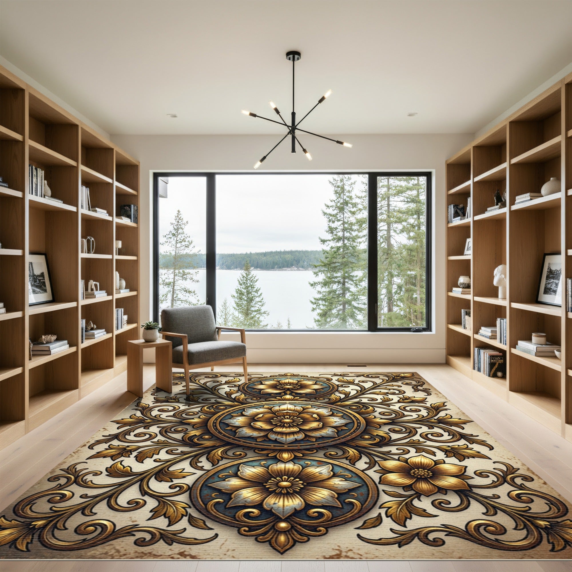 Gilded Floral Filigree Medallion Composition Rug
