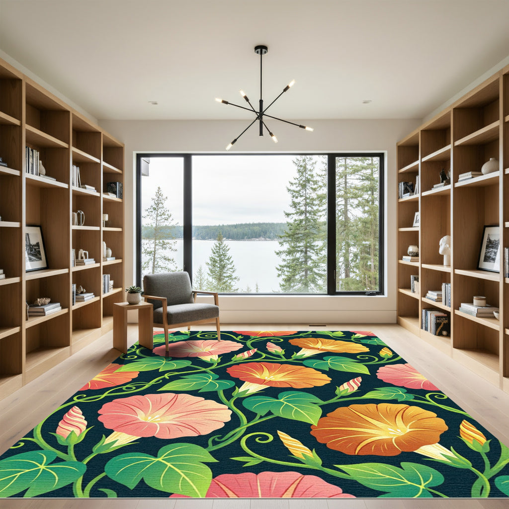 Coral Pink And Orange Morning Glory Vines Rug