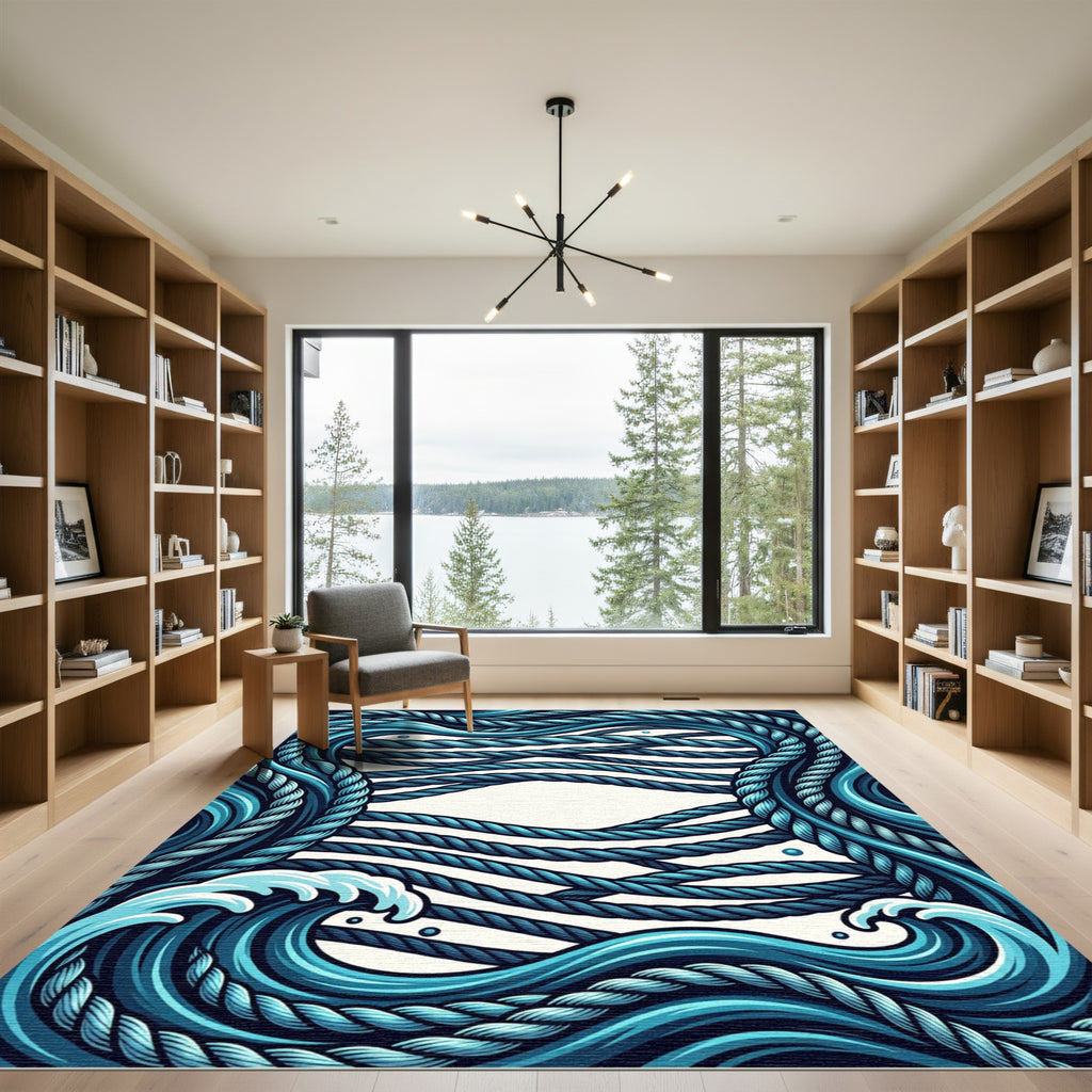Blue Rope Ocean Wave Abstract Rug