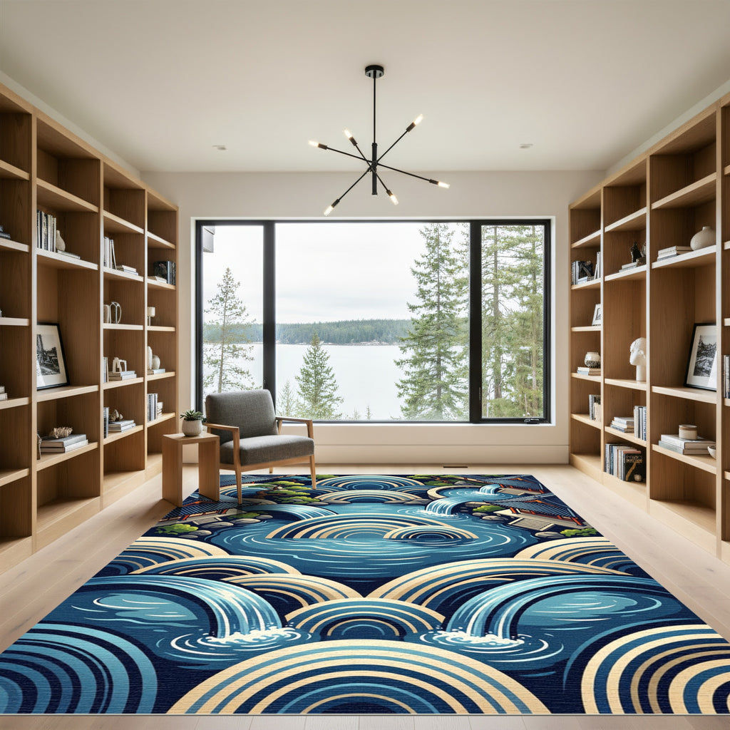 Japanese Zen Blue Waterfall Arch Rug