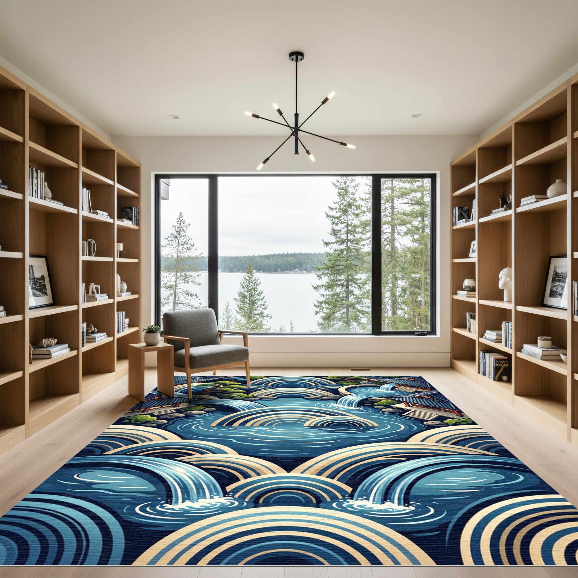 Japanese Zen Blue Waterfall Arch Rug